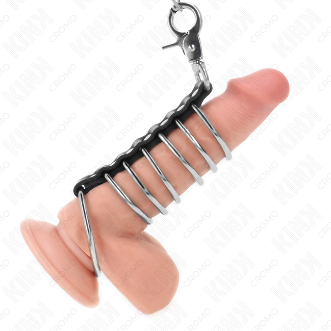 Kink – 7 Metal Penis Rings 3.8 Cm To 5 Cm Connected With Leather And Metal Chain 100 Cm