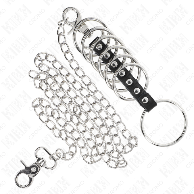 Kink – 7 Metal Penis Rings 3.8 Cm To 5 Cm Connected With Leather And Metal Chain 100 Cm