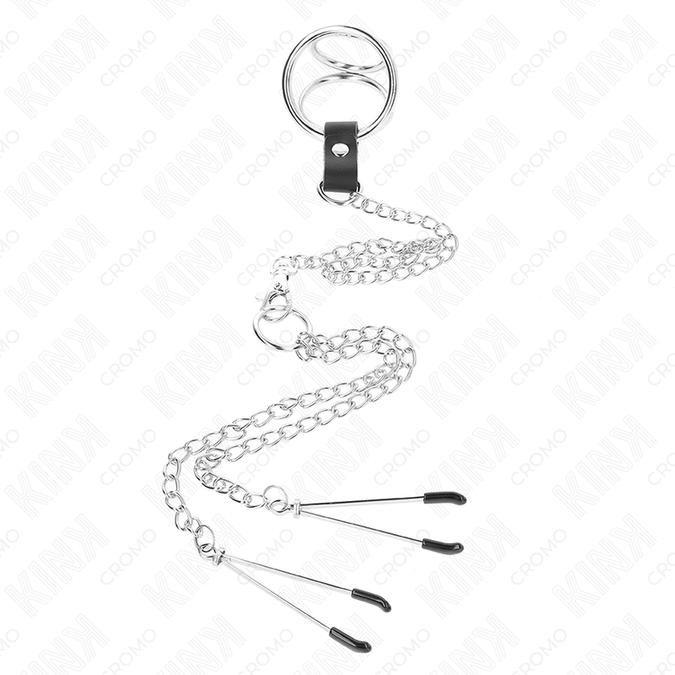 Kink – Dreifacher Chrom Metall Penisring 3,8 Cm bis 5 Cm mit 26 Cm Metallkette und Brustwarzenklemmen Modell 2