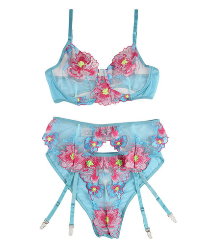 Subblime – 954109 Bra + Panties With Garter Belt Floral Design Blue S/m Subblime – 954109 Bra + Panties With Garter Belt Floral Design Blue S/m