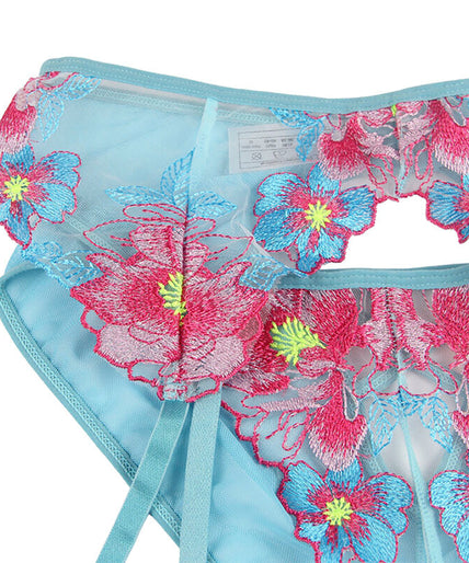 Subblime – 954116 Bra + Panties With Garter Belt Floral Design Blue L/xl Subblime – 954116 Bra + Panties With Garter Belt Floral Design Blue L/xl