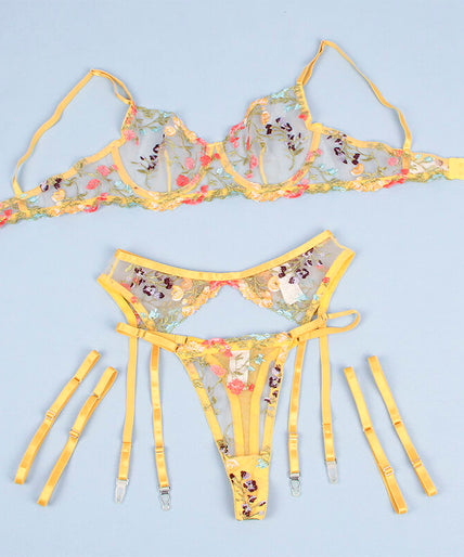 Subblime – 954352 Bra + Thong + Garter Belt Floral Design Yellow L/xl Subblime – 954352 Bra + Thong + Garter Belt Floral Design Yellow L/xl