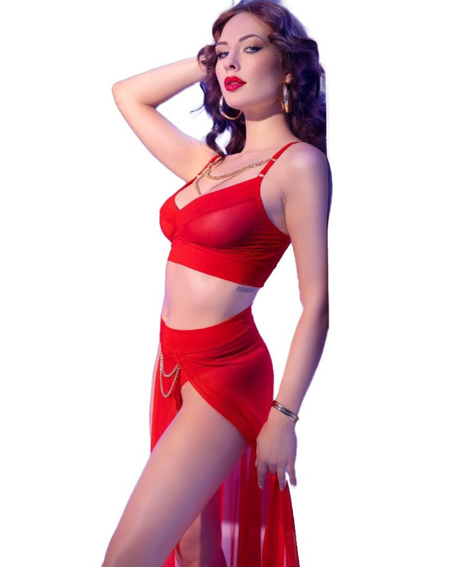 Chilirose – CR 4850 Rotes Top und Leggings Set mit goldenen Accessoires M