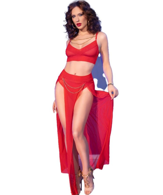 Chilirose – CR 4850 Rotes Top und Leggings Set mit goldenen Accessoires M
