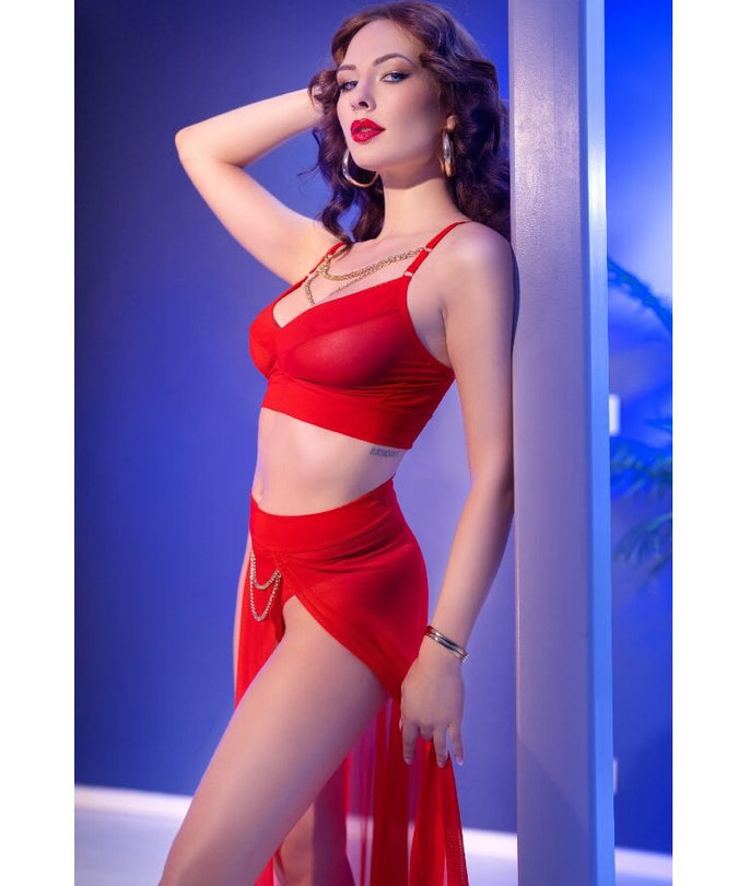 Chilirose – CR 4850 Rotes Top und Leggings Set mit goldenen Accessoires M
