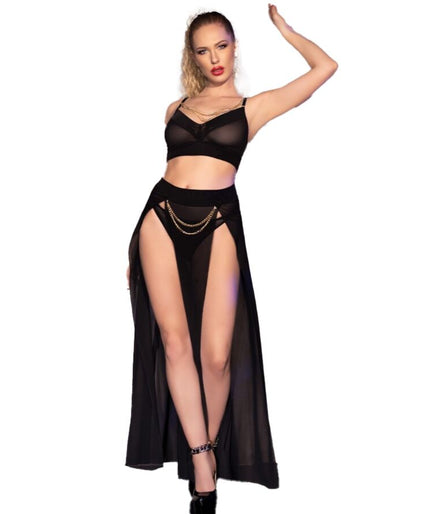 Chilirose – CR 4672 Schwarzes Top, Rock und Tanga mit goldenen Ketten S Chilirose – CR 4672 Schwarzes Top, Rock und Tanga mit goldenen Ketten S