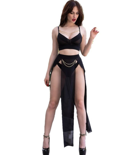 Chilirose – CR 4672 Schwarzes Top, Rock und Tanga mit goldenen Ketten XL Chilirose – CR 4672 Schwarzes Top, Rock und Tanga mit goldenen Ketten XL