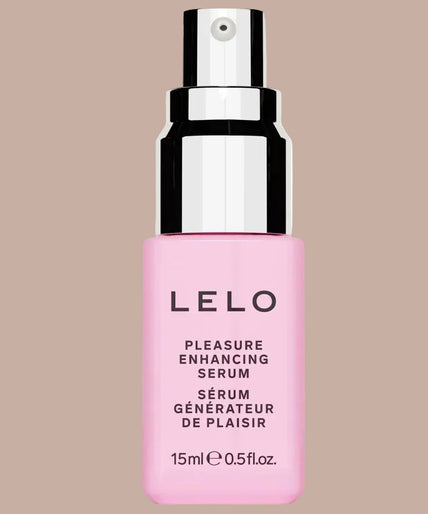LELO – Pleasure Enhancing Serum – 15 ml - door Pleasurements LELO serum 15 ml pink bottle with exposed silver-tone spray pump and black lettering.