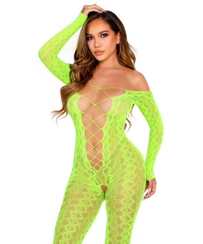 Leg Avenue – Open kruis bodystocking met exotisch slangenkant in neon groen