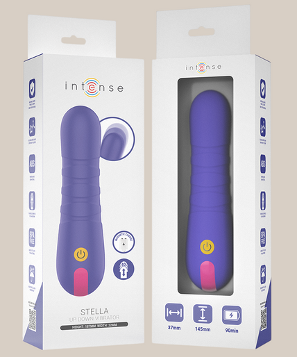 Pleasurements – Intensiv – Stella Stoßvibrator Pleasurements Stella paarse siliconen vibrator met stuwende functie vastgehouden in een hand