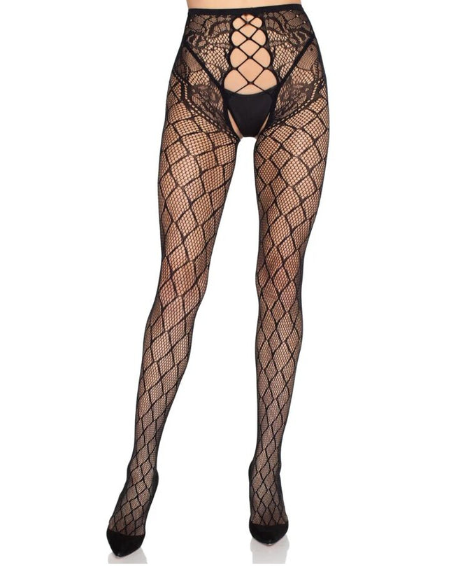 Leg Avenue – 1966 Netzstrumpfhose mit offenem Schritt Schwarz – Einheitsgröße