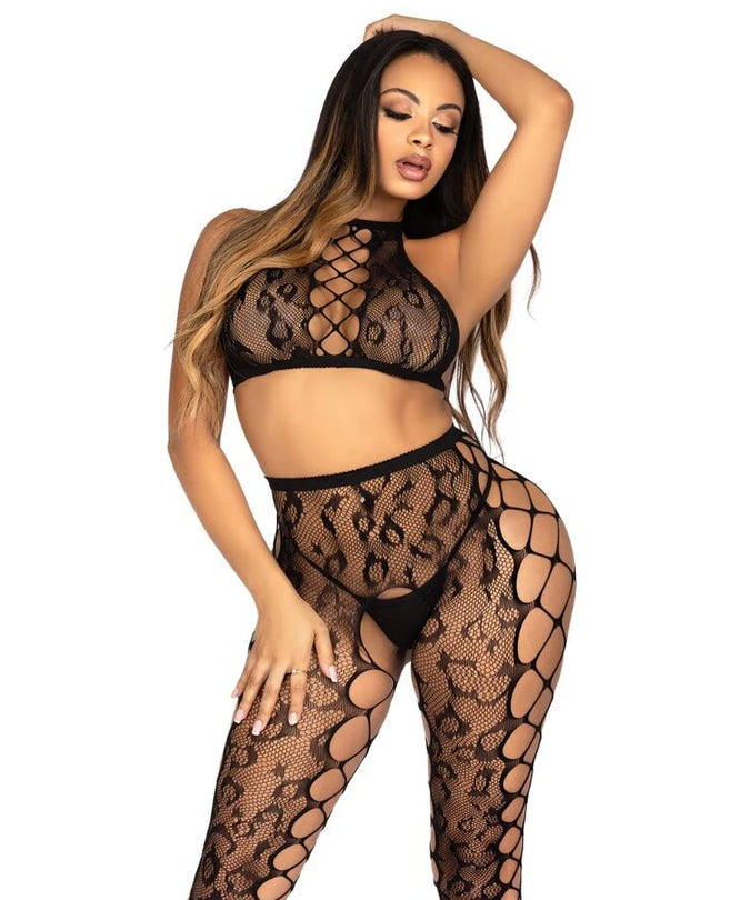 Leg Avenue – 89372 Crop Top & Open Kruis Panty Zwart – One Size