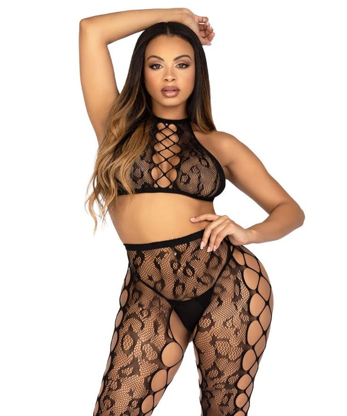 Leg Avenue – 89372 Crop Top & Open Kruis Panty Zwart – One Size