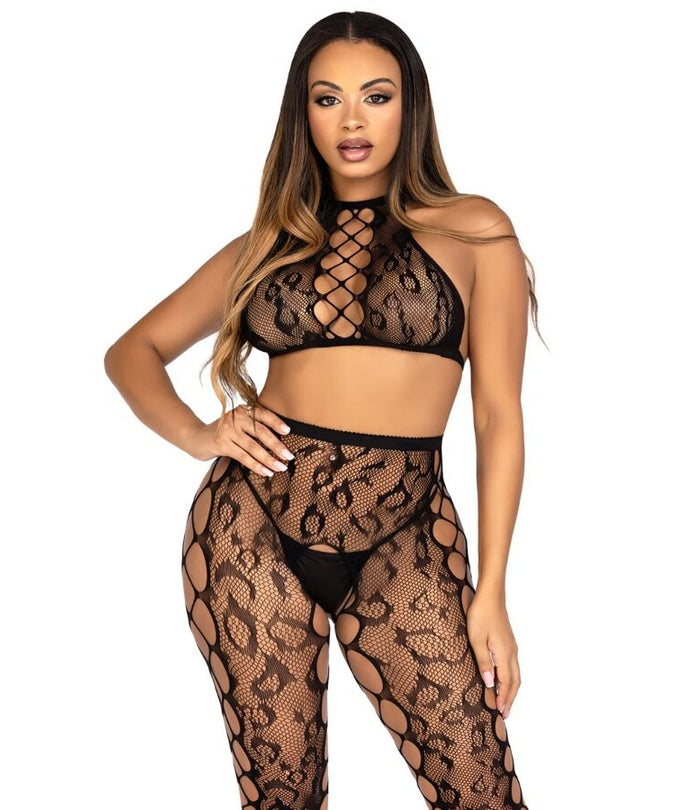 Leg Avenue – 89372 Crop Top & Open Kruis Panty Zwart – One Size