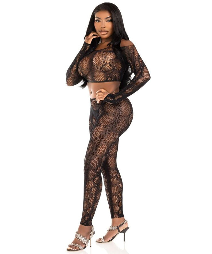 Leg Avenue – 89373 Python-Crop-Top & fußlose Strumpfhose Schwarz – Einheitsgröße