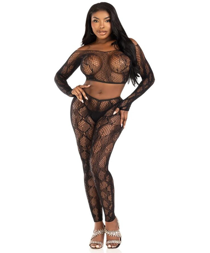 Leg Avenue – 89373 Python-Crop-Top & fußlose Strumpfhose Schwarz – Einheitsgröße