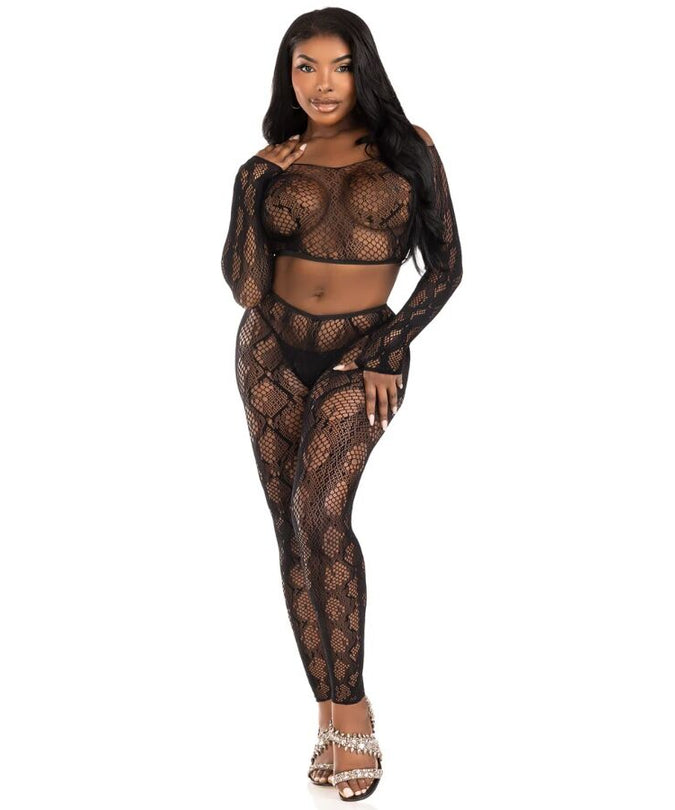 Leg Avenue – 89373 Python-Crop-Top & fußlose Strumpfhose Schwarz – Einheitsgröße