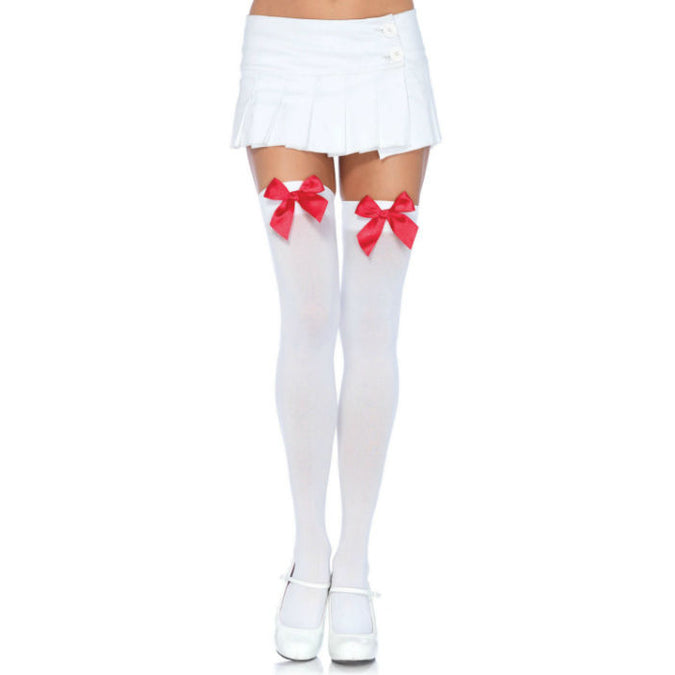 Leg Avenue – Nylon Thigh Highs with Bow White / Red