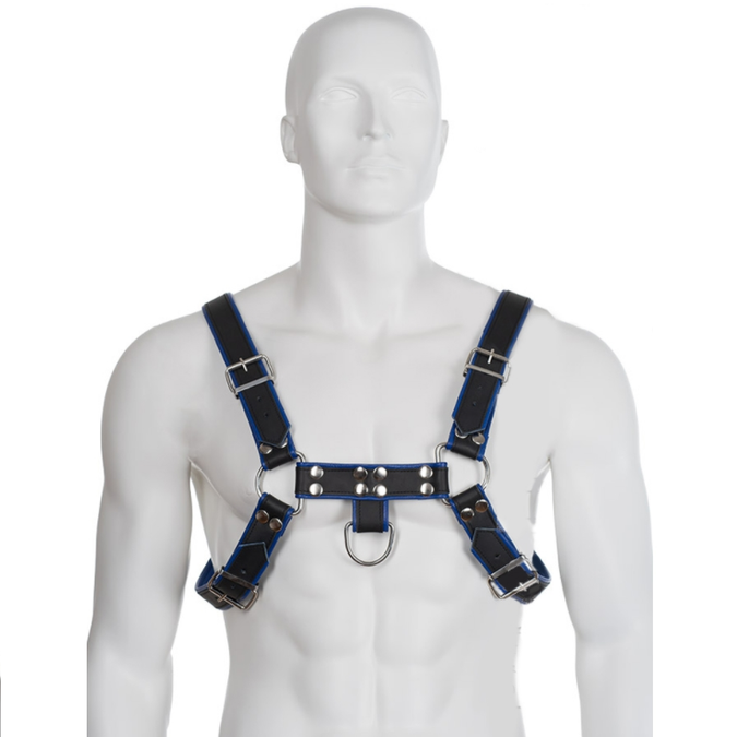 Leather Body – Blue And Black Leather Harness Chest Bulldog