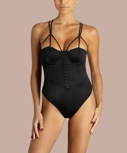 Coco de Mer – Sylph Bodysuit Black – 50%! Pleasurements Coco de Mer zwarte zijden Sylph bodysuit met sweetheart halslijn en gestructureerde bandjes