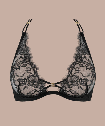 Atelier Amour – Sans Détour Wired Triangle Bra Black Pleasurements Atelier Amour zwarte kanten beugel-driehoekbh met verfijnde bandjes en gouden accenten