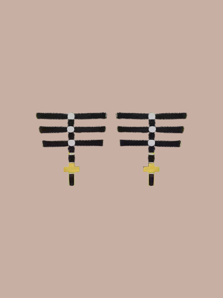 Inspiration Divine black Cross Garters, close-up product view of the pair with gold-tone cross drops.