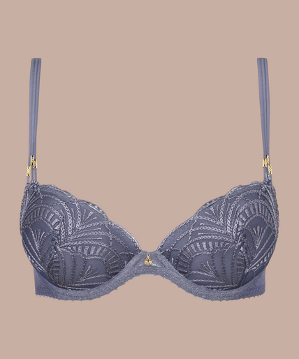 Pleasurements Aubade Vibes push-up bh in denimblauw met geborduurde details, gouden accenten en drievoudige bandjes.