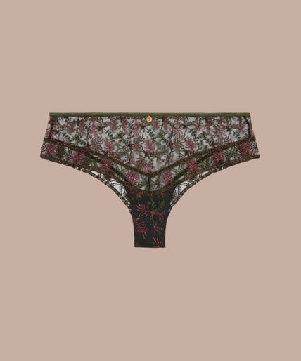 Pleasurements Aubade Sounds of Heart cheeky slip in Dark Garden met moiré borduurwerk en gouden bedel