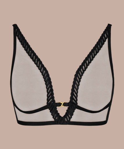 Pleasurements Aubade Sheer Emotion zwarte triangel bh van transparante tule met borduursel en gouden infinity bedel