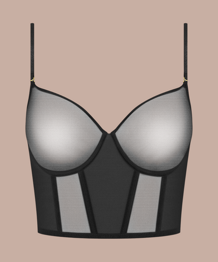 Model draagt Pleasurements Scandale Nuit Fauve zwarte body met V-hals, transparante tule en microfiber details.