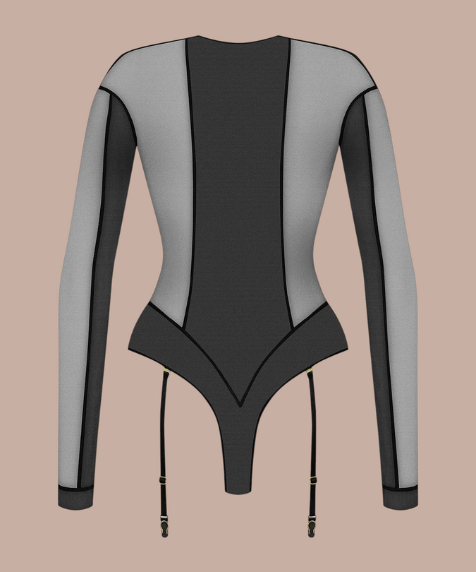 Pleasurements Scandale L'Amoureuse zwarte body met lange mouwen, thong-snit en jarretels voor een verleidelijke look.