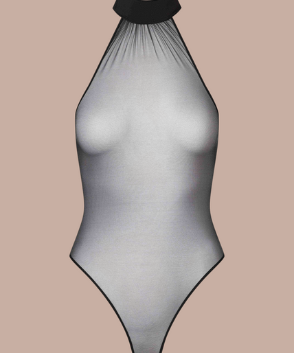 Pleasurements Scandale Nuit Fauve zwarte thong body met American collar en transparante tule details