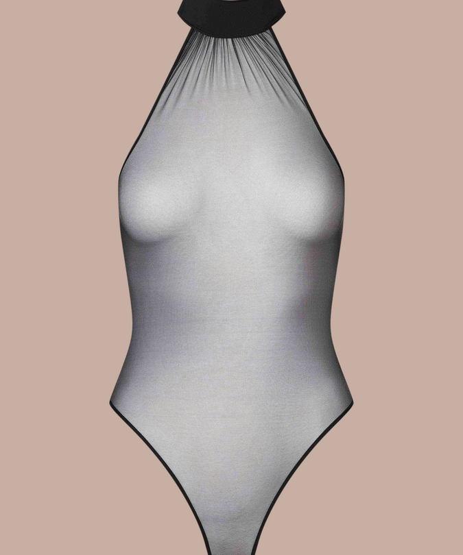 Pleasurements Scandale Nuit Fauve zwarte thong body met American collar en transparante tule details