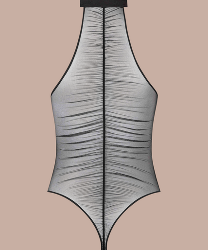Pleasurements Scandale Nuit Fauve zwarte thong body met American collar en transparante tule details