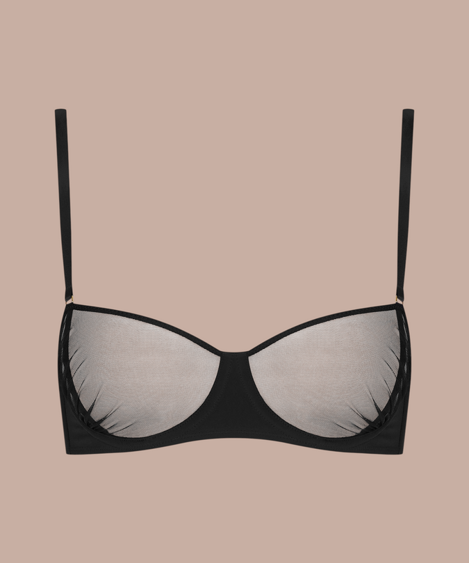 Pleasurements Scandale Nuit Fauve zwarte triangel bh van transparante geplooide tule zonder beugel