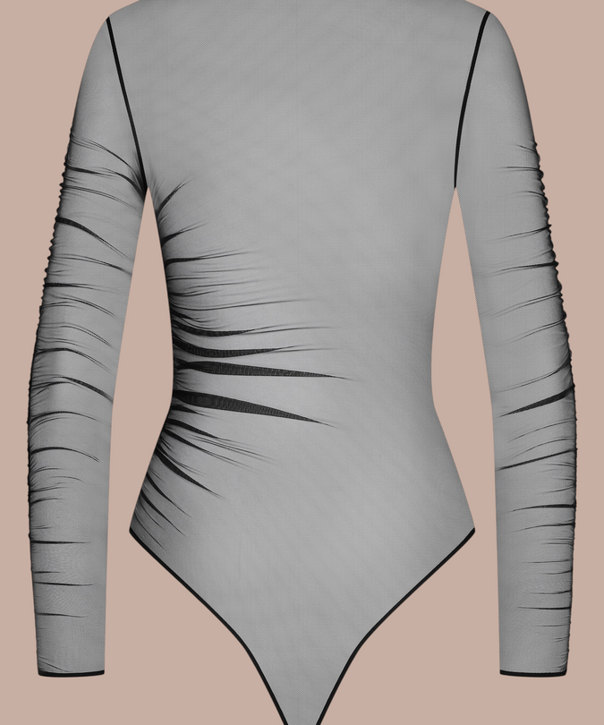 Pleasurements Scandale Nuit Fauve zwarte body met lange mouwen van doorschijnende tule en microfiber