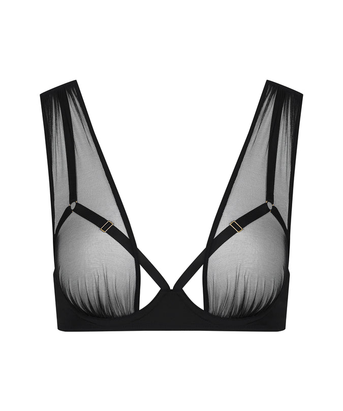 Pleasurements Scandale Nuit Fauve zwarte cupless bh van tule en microvezel met verfijnde bandjes