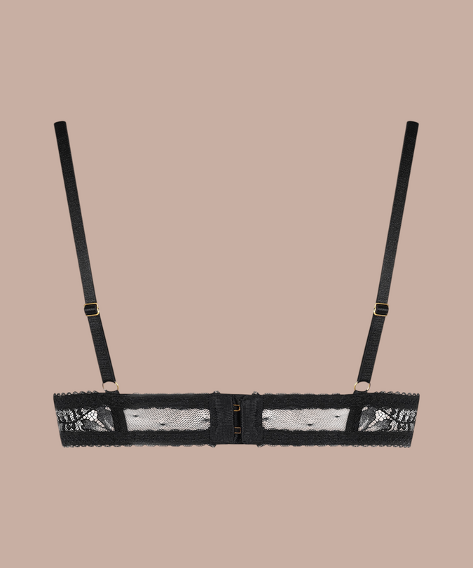 Inspiration Divine black Scarf Bra with adjustable straps and a sheer dotted mesh band, rear product view.
