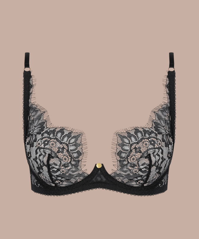 Inspiration Divine black Scarf Bra with scalloped lace cups and a low centre front, front product view.