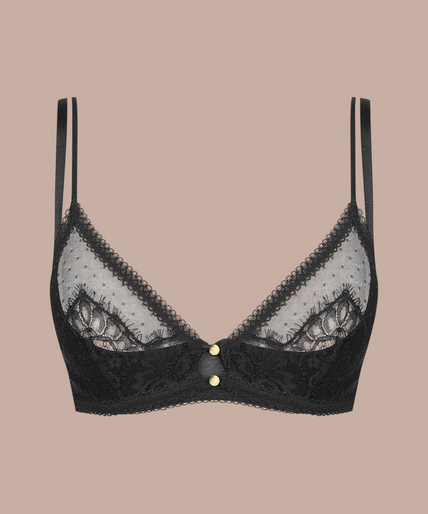 Inspiration Divine black Quarter Cup Bra with sheer lace panels and split shoulder straps, front view on model.