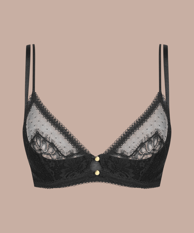 Inspiration Divine black Quarter Cup Bra with sheer lace panels, split straps and gold-tone front fastening, front product view.