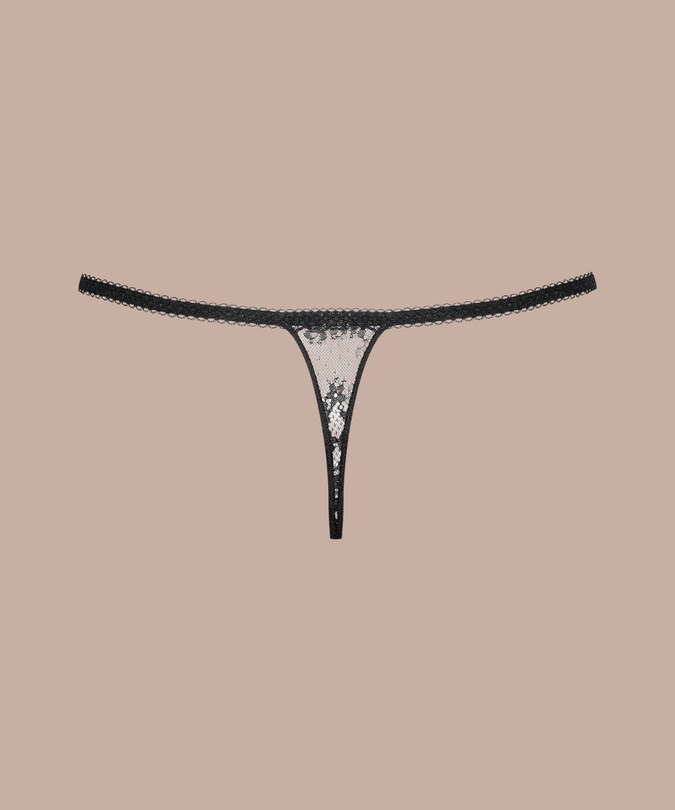 Inspiration Divine black Thong with a narrow waistband and small lace panel, rear product view.