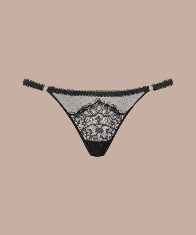Inspiration Divine black Thong with floral lace, dotted mesh and ring-linked side straps, front product view.