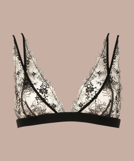 Model wearing the Atelier Amour Après Minuit black sheer embroidered triangle Bra with matching thong and suspender.