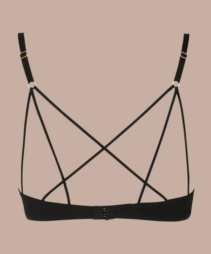 Model wearing the Atelier Amour Après Minuit black sheer embroidered half cup Bra and matching briefs.