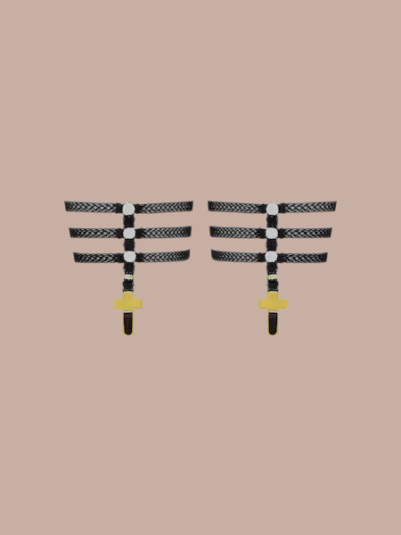 Inspiration Divine black Cross Garters, product view of the pair with gold-tone cross drops.