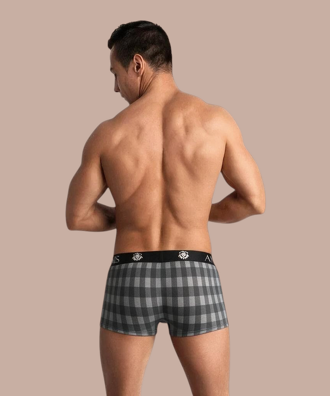 Pleasurements Anais Men Aegis boxer met grijs en zwart ruitpatroon en elastische tailleband op een model