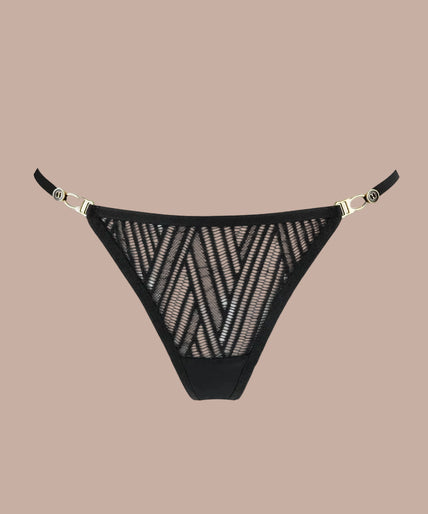 Model wearing black geometric lace string and matching underwired bra, front view with hand on hip.