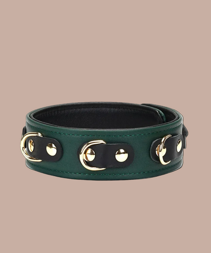 Liebe Seele Mossy Chic green collar with a buckle and a gold-coloured chain leash with a green handle.