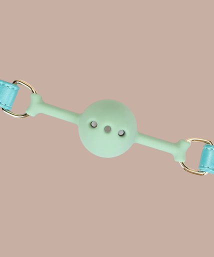 Front view of Liebe Seele Siren's Cove gag with turquoise strap and pale green perforated ball.